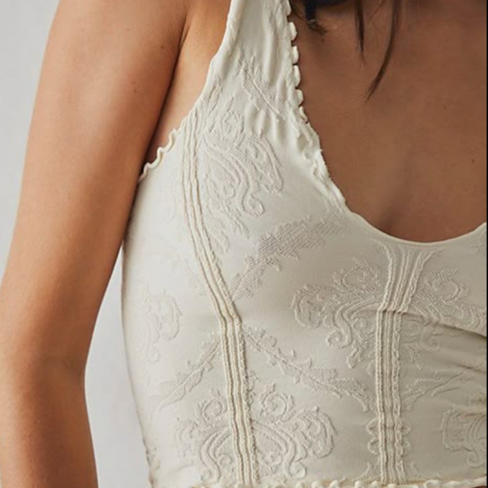 Free People Ivory “Here For It Crop Cami” Floral Motif Textured Tank Top